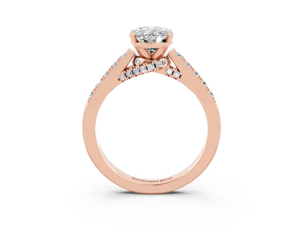 Rose gold Oval Cut Moissanite Solitaire Ring with Crossover Gallery and Round  Pavé Band