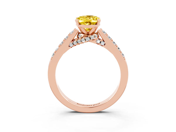 Rose gold Oval Cut Yellow Sapphire Solitaire Ring with Crossover Gallery and Round  Pavé Band