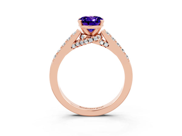 Rose gold Oval Cut Tanzanite Solitaire Ring with Crossover Gallery and Round  Pavé Band