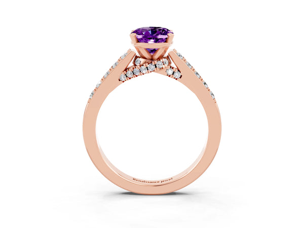Rose gold Oval Cut Amethyst Solitaire Ring with Crossover Gallery and Round  Pavé Band