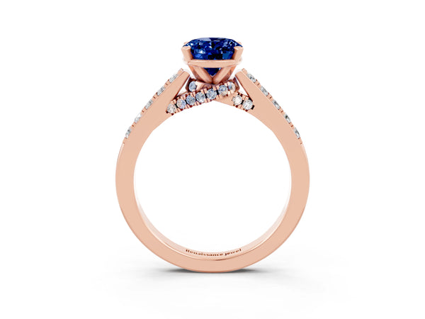Rose gold Oval Cut Blue Sapphire Solitaire Ring with Crossover Gallery and Round  Pavé Band