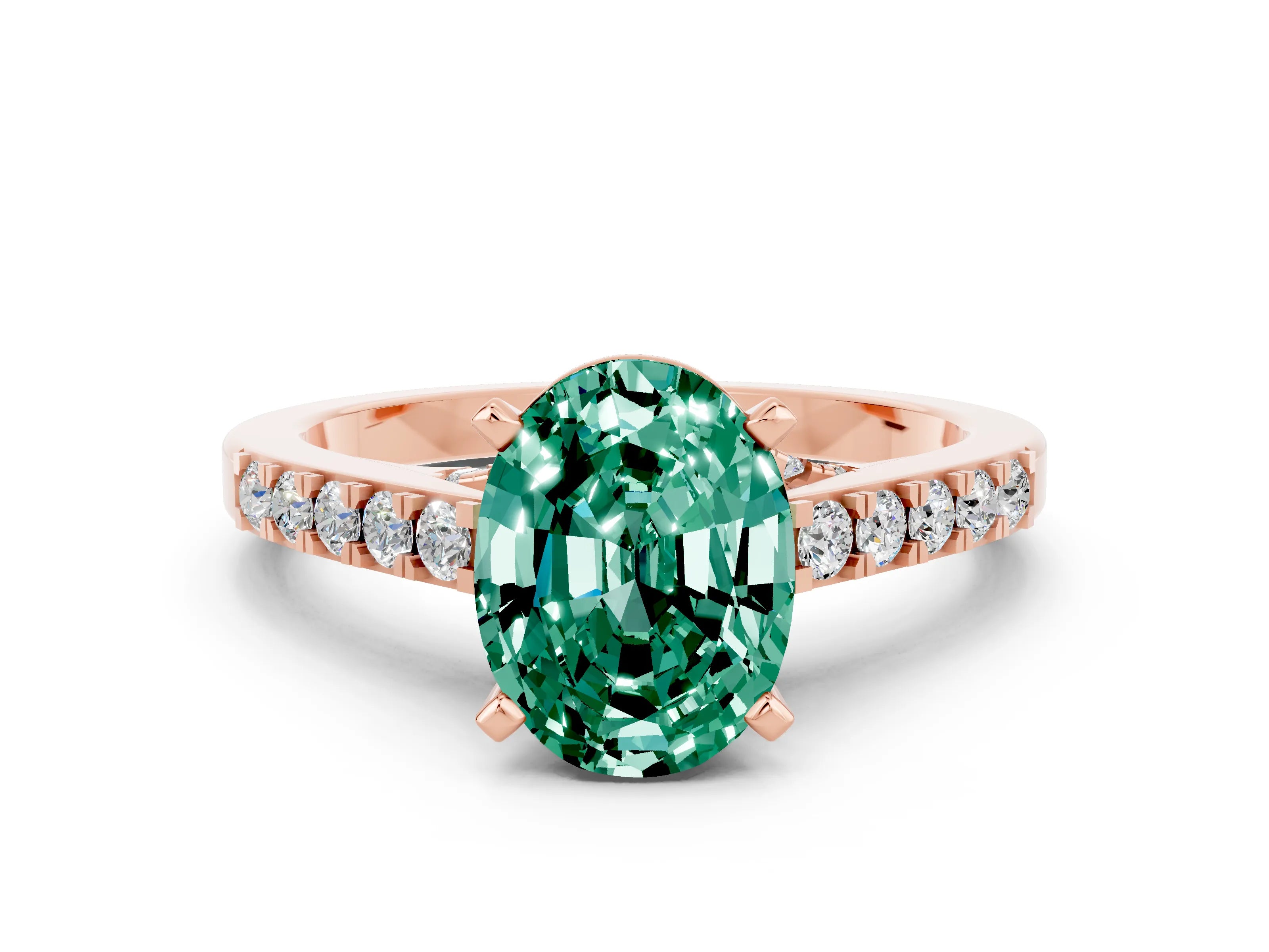 Rose gold Oval Cut Diamond Solitaire Ring with Pavé Band and Prong Setting
