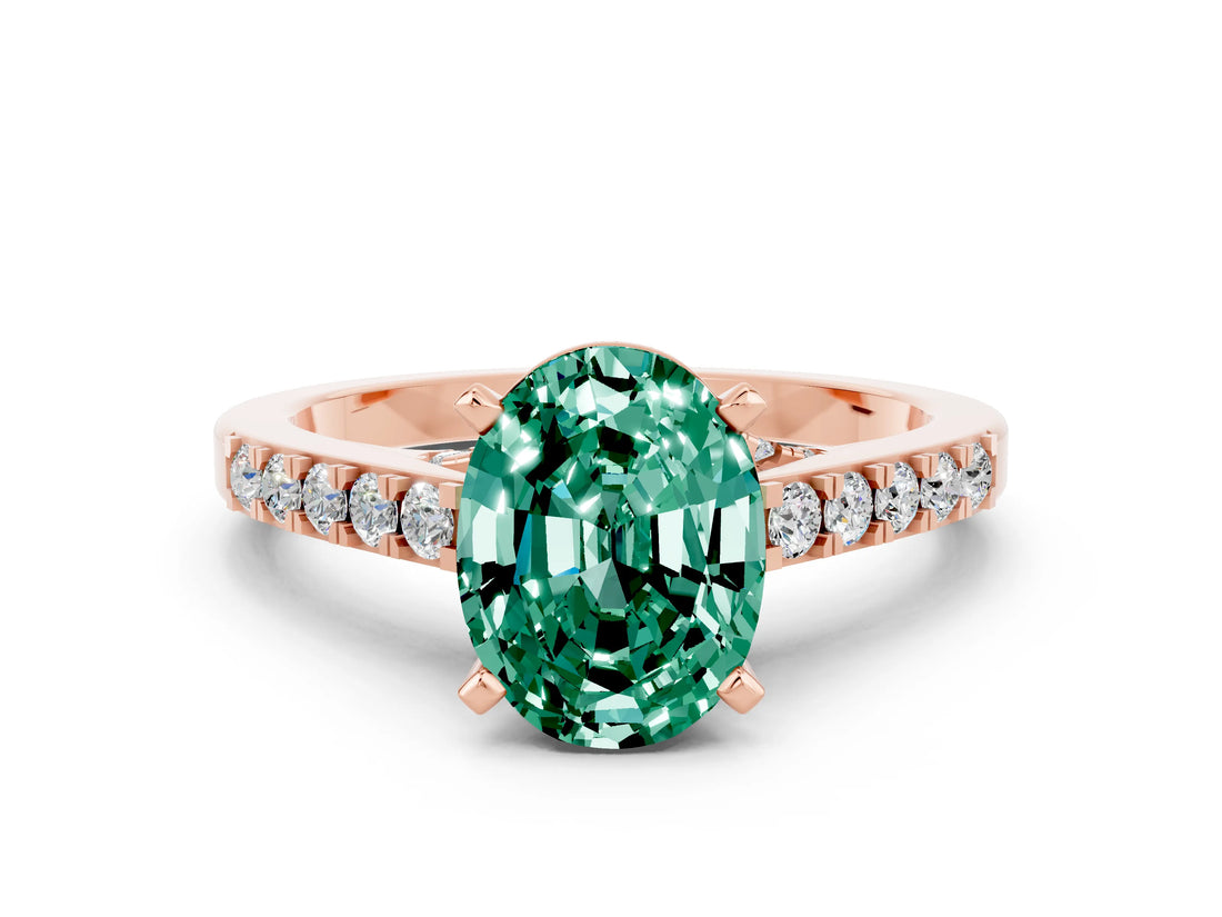 Rose gold Oval Cut Diamond Solitaire Ring with Pavé Band and Prong Setting