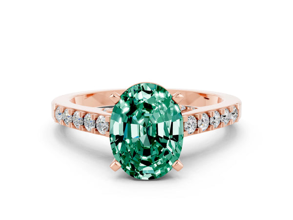 Rose gold Oval Cut Green Sapphire Solitaire Ring with Crossover Gallery and Round  Pavé Band