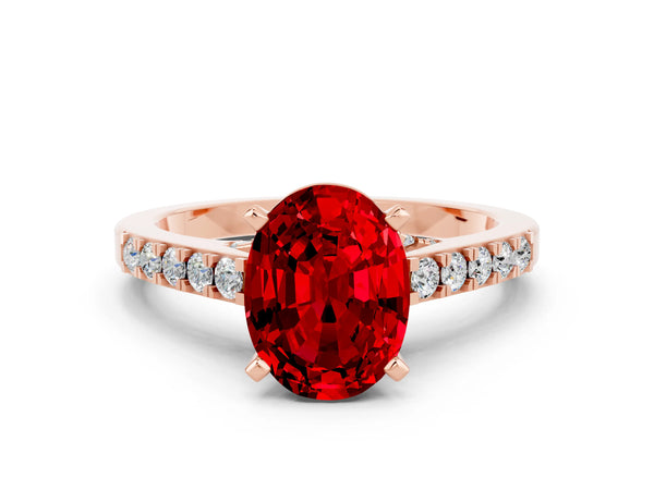 Rose gold Oval Cut Ruby Solitaire Ring with Crossover Gallery and Round  Pavé Band