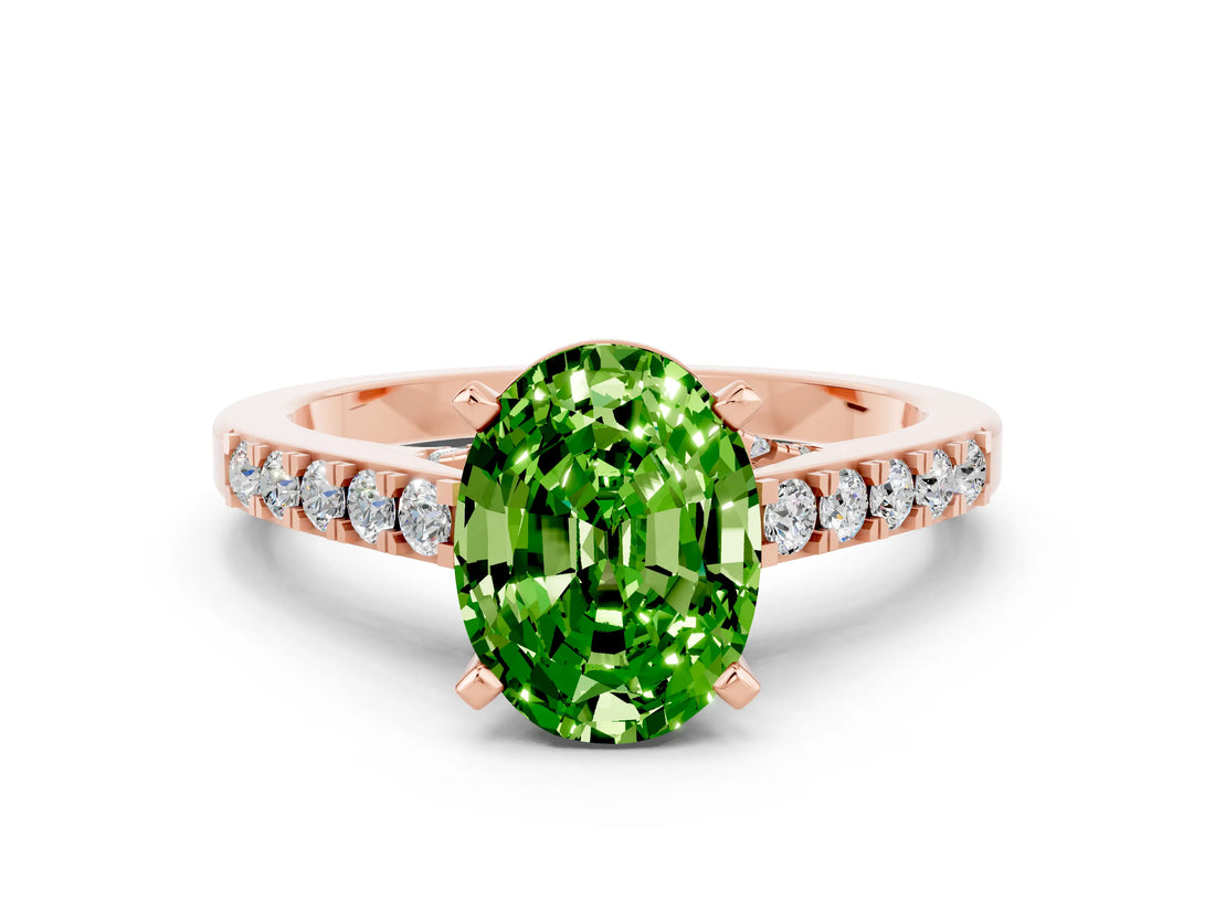 Rose gold Oval Cut Diamond Solitaire Ring with Pavé Band and Prong Setting