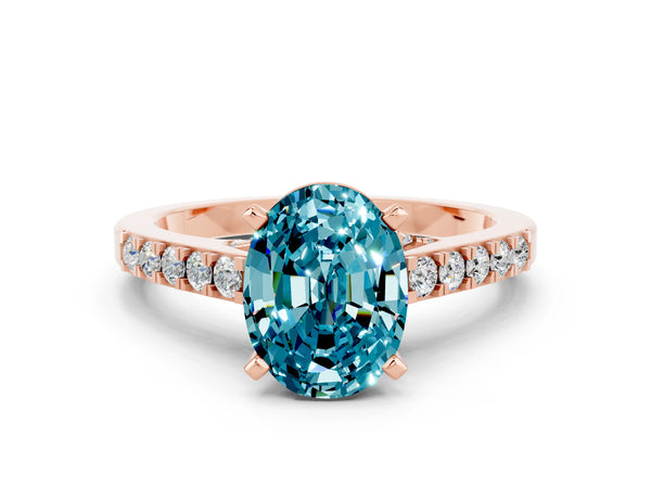 Rose gold Oval Cut Blue Topaz Solitaire Ring with Crossover Gallery and Round  Pavé Band