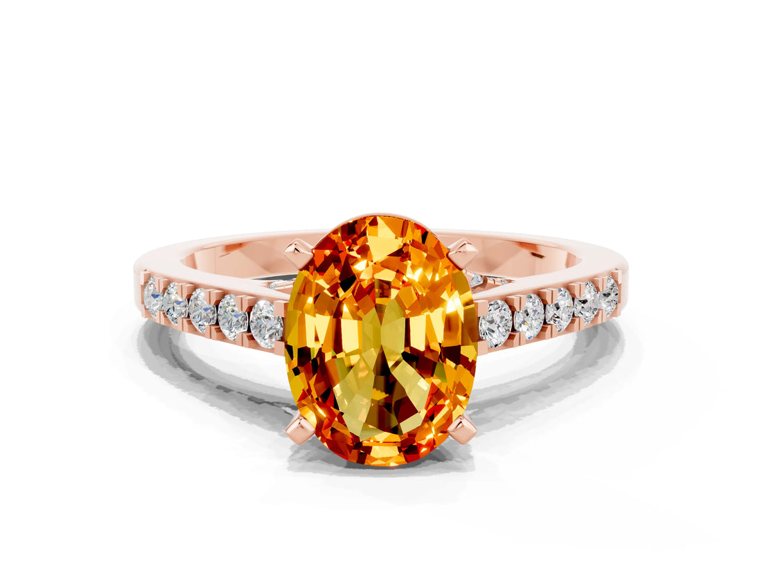 Rose gold Oval Cut Diamond Solitaire Ring with Pavé Band and Prong Setting