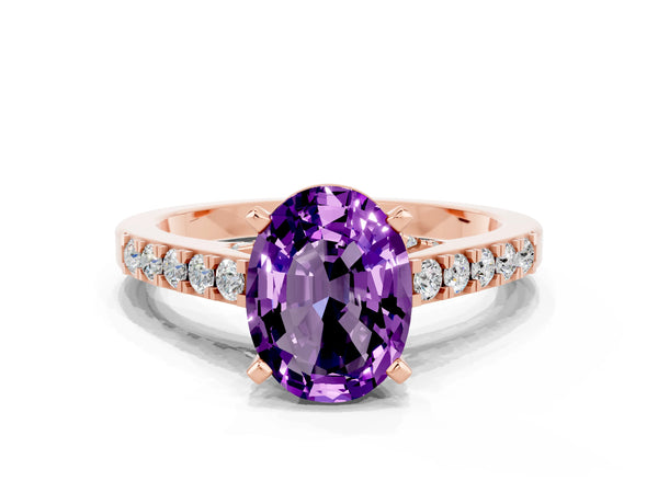 Rose gold Oval Cut Amethyst Solitaire Ring with Crossover Gallery and Round  Pavé Band