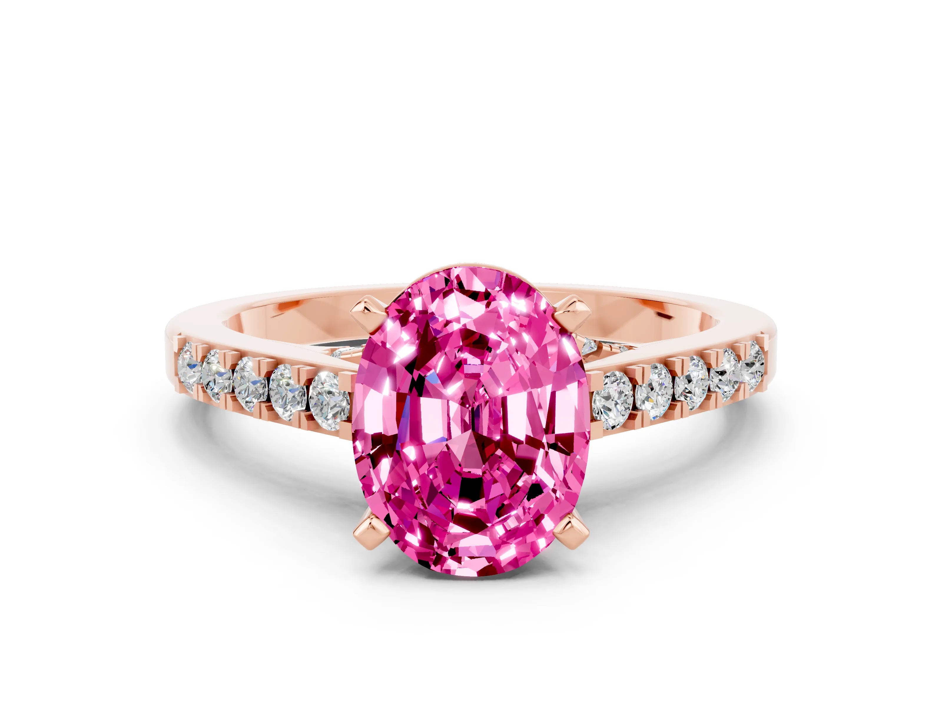 Rose gold Oval Cut Diamond Solitaire Ring with Pavé Band and Prong Setting