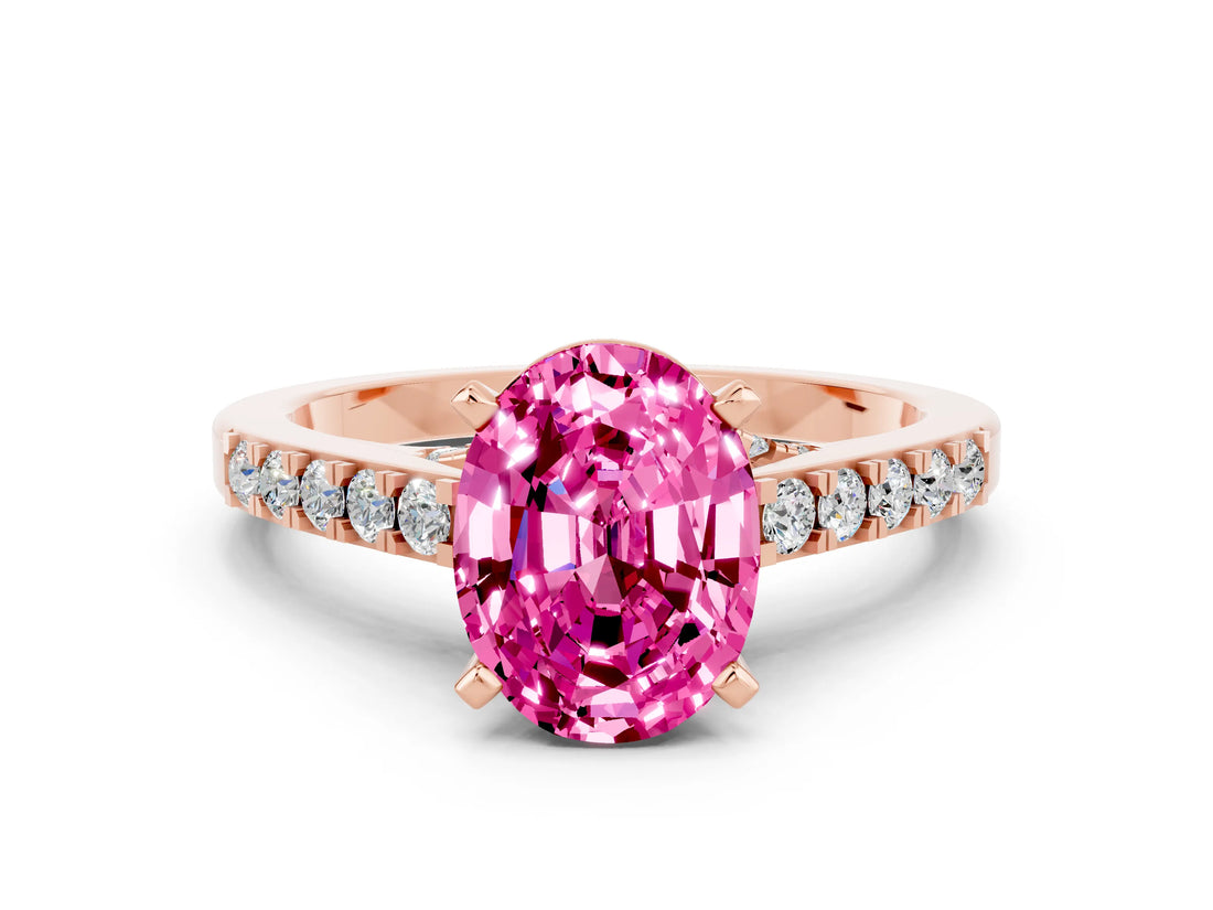 Rose gold Oval Cut Diamond Solitaire Ring with Pavé Band and Prong Setting