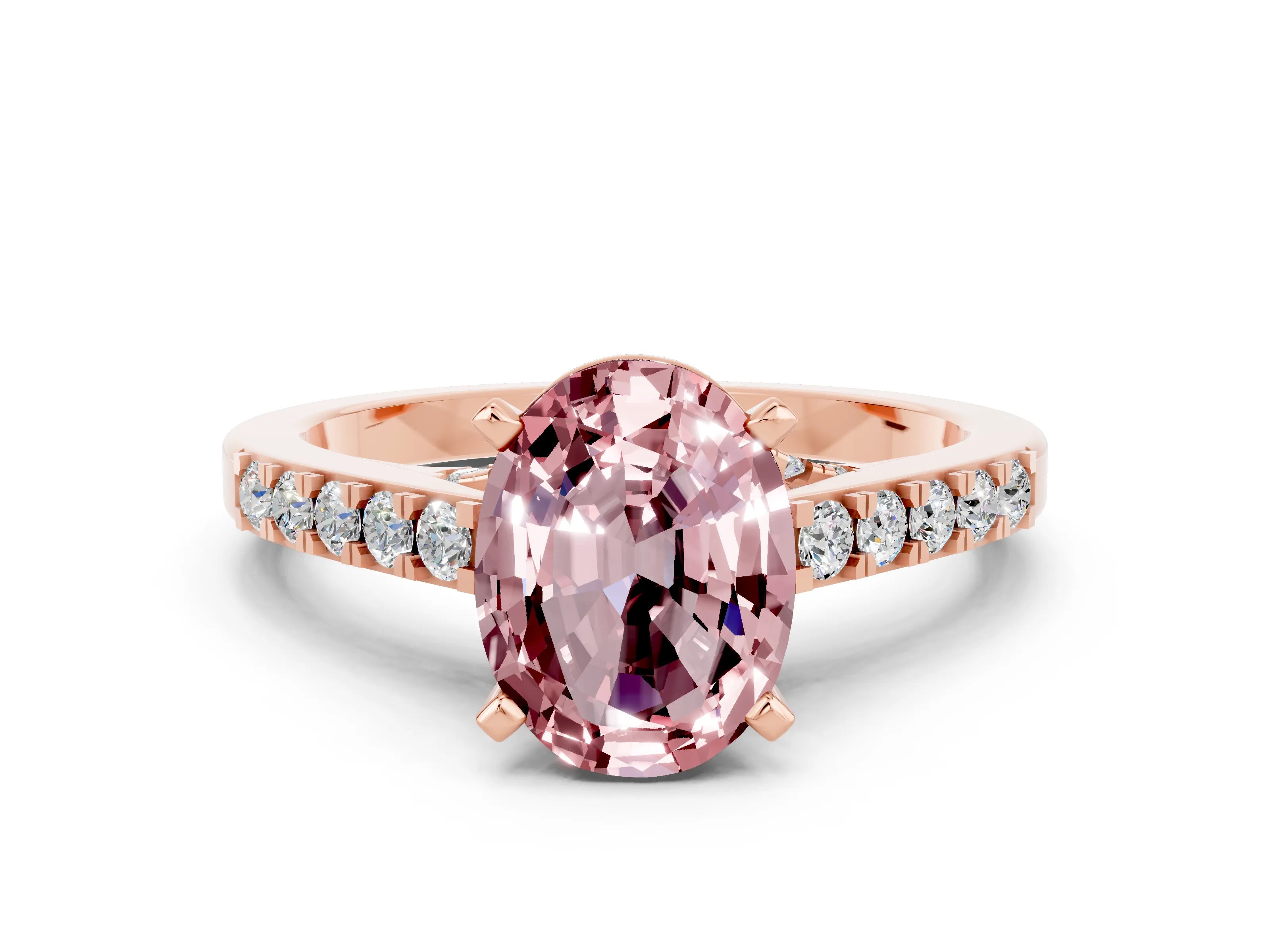 Rose gold Oval Cut Diamond Solitaire Ring with Pavé Band and Prong Setting
