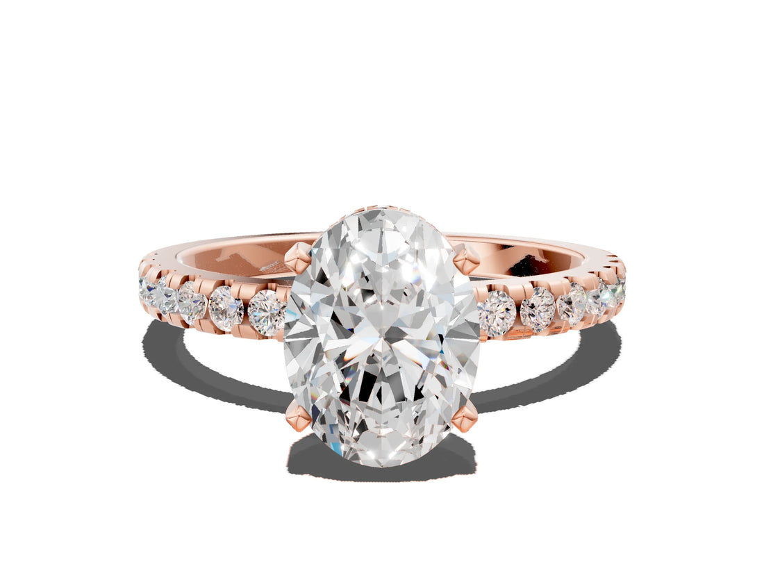 Rose gold Oval Cut Diamond Solitaire Ring with Round  Pavé Band and Four-Prong Setting_223