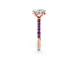 Rose gold Oval Cut Diamond Solitaire Ring with Round with Amethyst side stone Pavé Band and Prong Setting_14