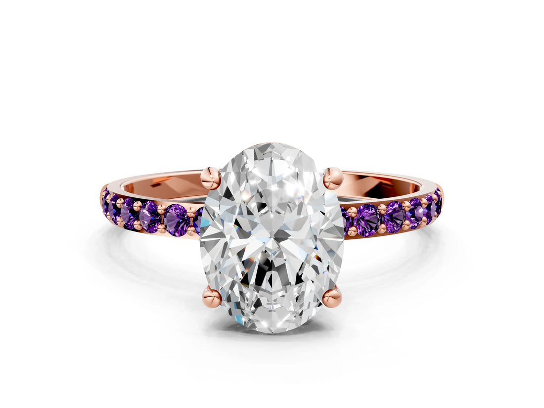 Rose gold Oval Cut Diamond Solitaire Ring with Round with Amethyst side stone Pavé Band and Prong Setting_18