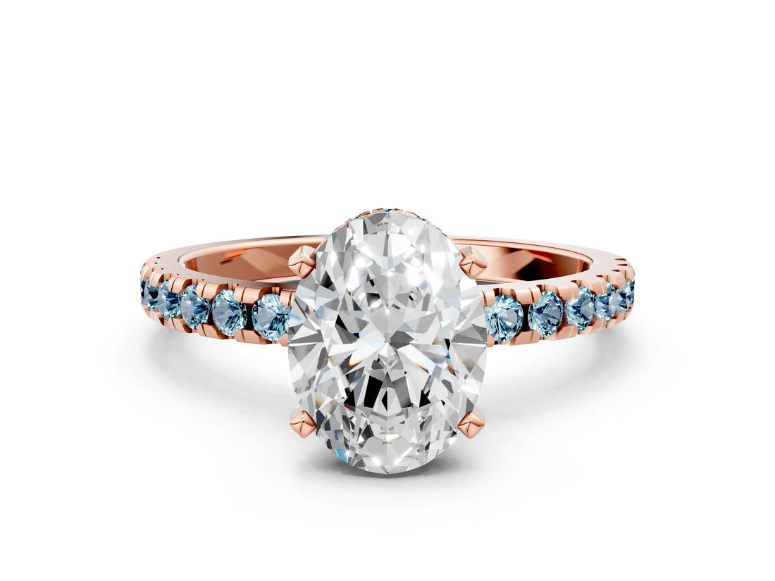 Rose gold Oval Cut Diamond Solitaire Ring with Round with Aquamarine side stone Pavé Band and Four-Prong Setting_36