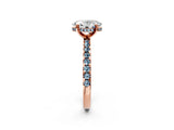 Rose gold Oval Cut Diamond Solitaire Ring with Round with Aquamarine side stone Pavé Band and Four-Prong Setting_38
