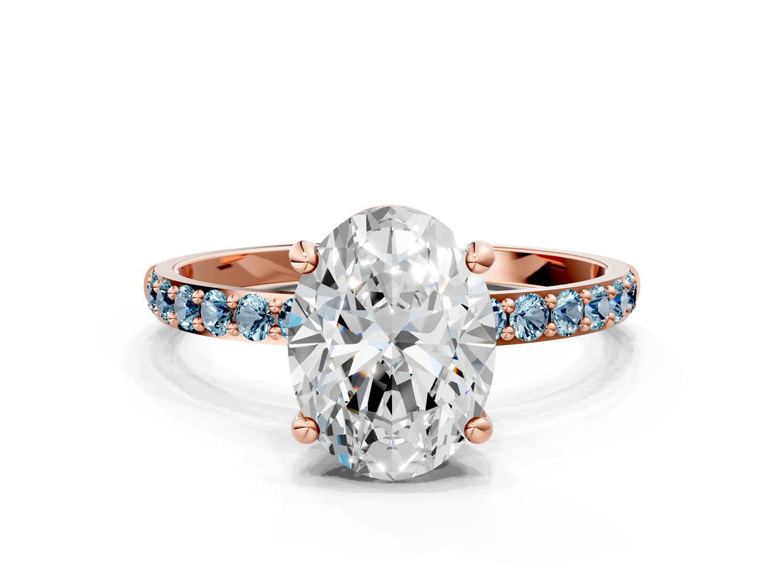 Rose gold Oval Cut Diamond Solitaire Ring with Round with Aquamarine side stone Pavé Band and Prong Setting_24
