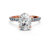 Rose gold Oval Cut Diamond Solitaire Ring with Round with Aquamarine side stone Pavé Band and Prong Setting_24