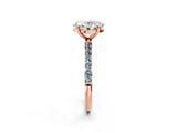 Rose gold Oval Cut Diamond Solitaire Ring with Round with Aquamarine side stone Pavé Band and Prong Setting_26