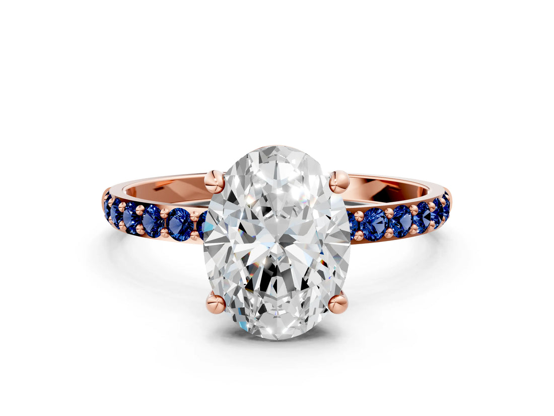 Rose gold Oval Cut Diamond Solitaire Ring with Round with Blue Sapphire side stone Pavé Band and Prong Setting_12