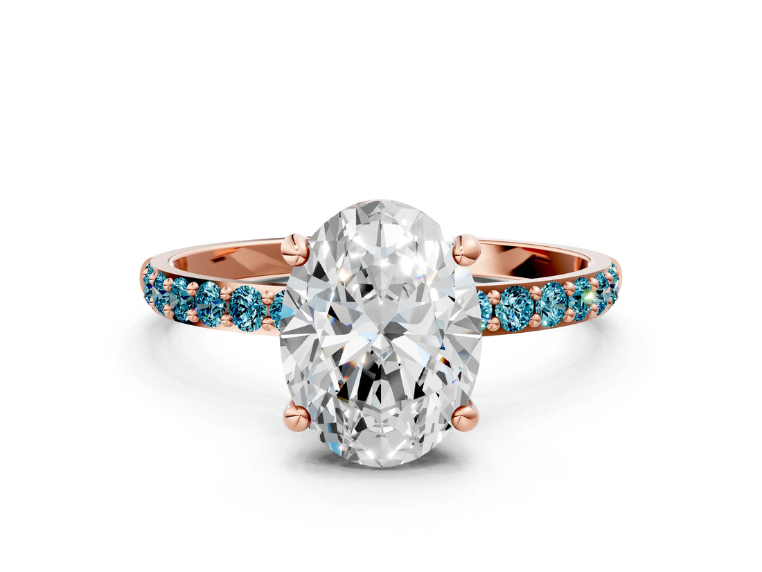 Rose gold Oval Cut Diamond Solitaire Ring with Round with Blue Topaz side stone Pavé Band and Prong Setting_12