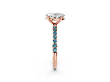Rose gold Oval Cut Diamond Solitaire Ring with Round with Blue Topaz side stone Pavé Band and Prong Setting_14