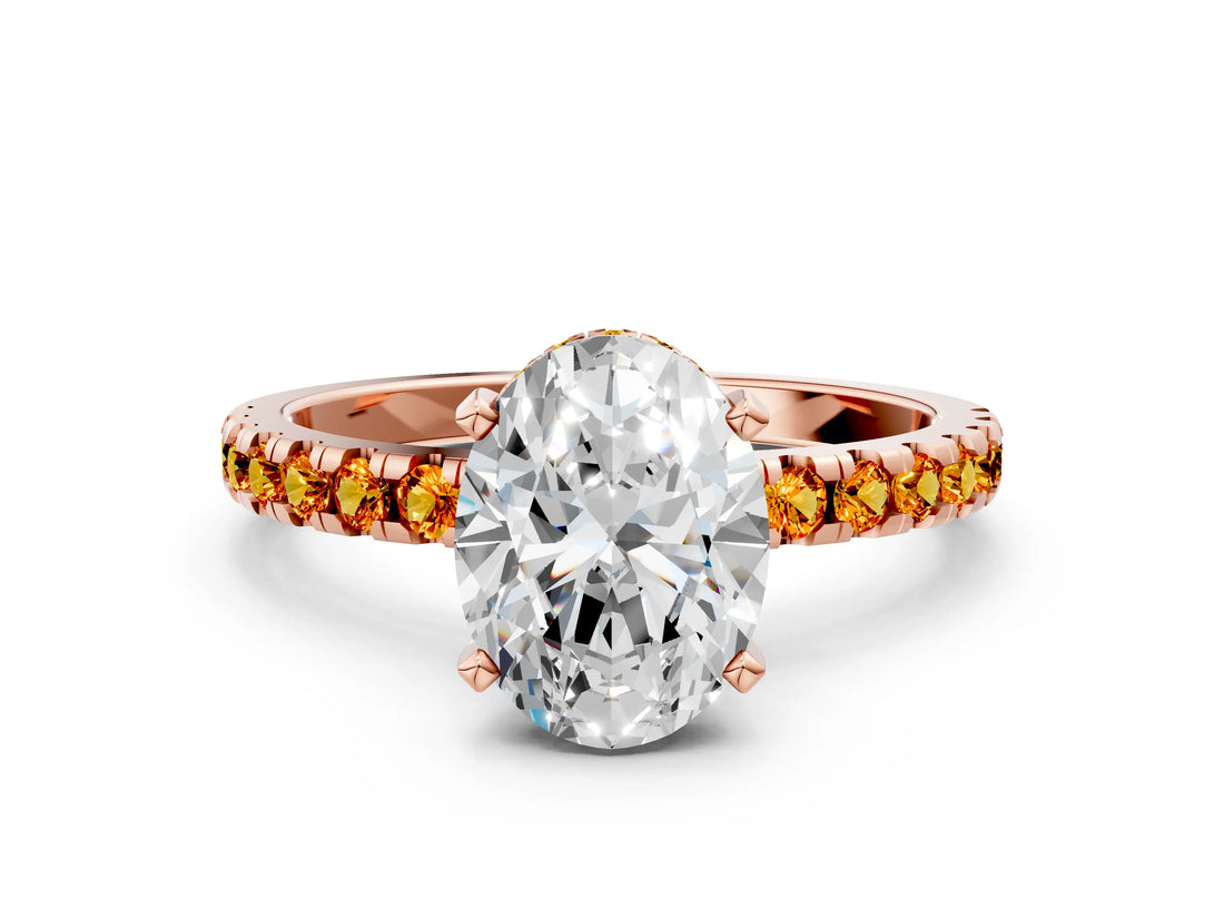 Rose gold Oval Cut Diamond Solitaire Ring with Round with Citrine side stone Pavé Band and Four-Prong Setting_36