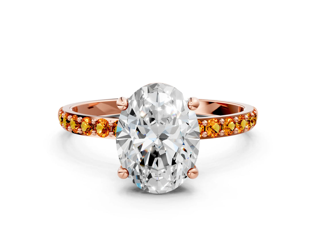 Rose gold Oval Cut Diamond Solitaire Ring with Round with Citrine side stone Pavé Band and Prong Setting_12