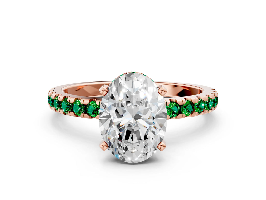 Rose gold Oval Cut Diamond Solitaire Ring with Round with Emerald side stone Pavé Band and Four-Prong Setting_36