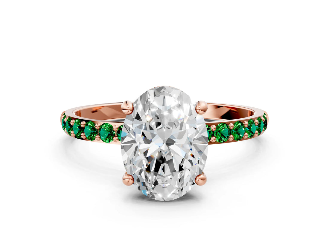 Rose gold Oval Cut Diamond Solitaire Ring with Round with Emerald side stone Pavé Band and Prong Setting_34