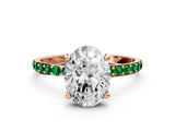 Rose gold Oval Cut Diamond Solitaire Ring with Round with Emerald side stone Pavé Band and Prong Setting_34