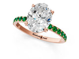Rose gold Oval Cut Diamond Solitaire Ring with Round with Emerald side stone Pavé Band and Prong Setting_35