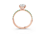 Rose gold Oval Cut Diamond Solitaire Ring with Round with Emerald side stone Pavé Band and Prong Setting_37