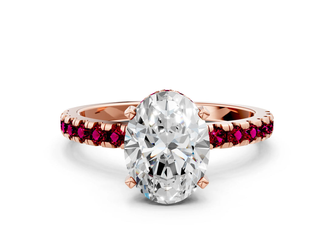 Rose gold Oval Cut Diamond Solitaire Ring with Round with Garnet side stone Pavé Band and Four-Prong Setting_36