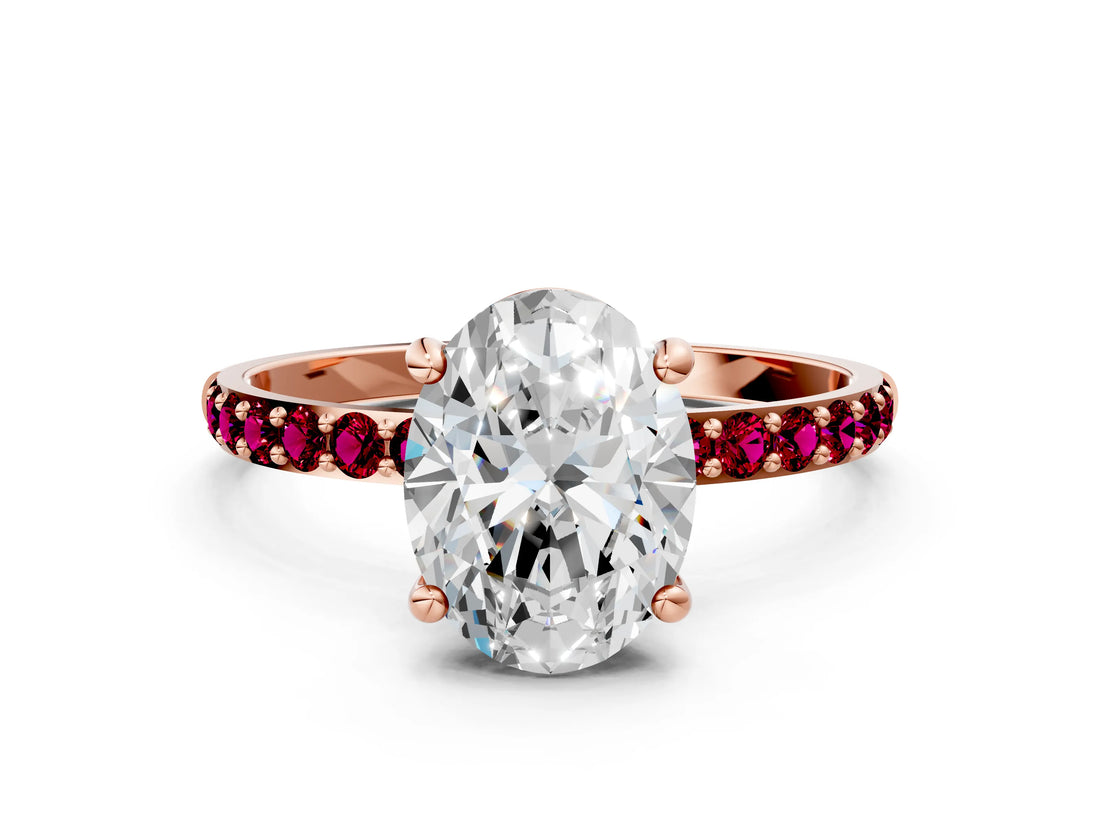 Rose gold Oval Cut Diamond Solitaire Ring with Round with Garnet side stone Pavé Band and Prong Setting_24