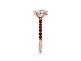 Rose gold Oval Cut Diamond Solitaire Ring with Round with Garnet side stone Pavé Band and Prong Setting_26
