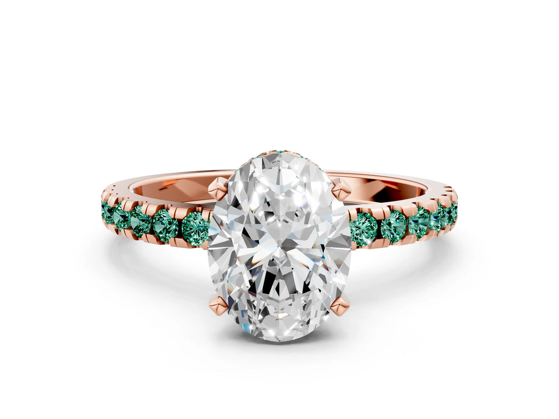 Rose gold Oval Cut Diamond Solitaire Ring with Round with Green Sapphire side stone Pavé Band and Four-Prong Setting_36