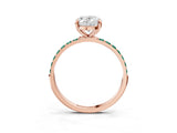 Rose gold Oval Cut Diamond Solitaire Ring with Round with Green Sapphire side stone Pavé Band and Prong Setting_3