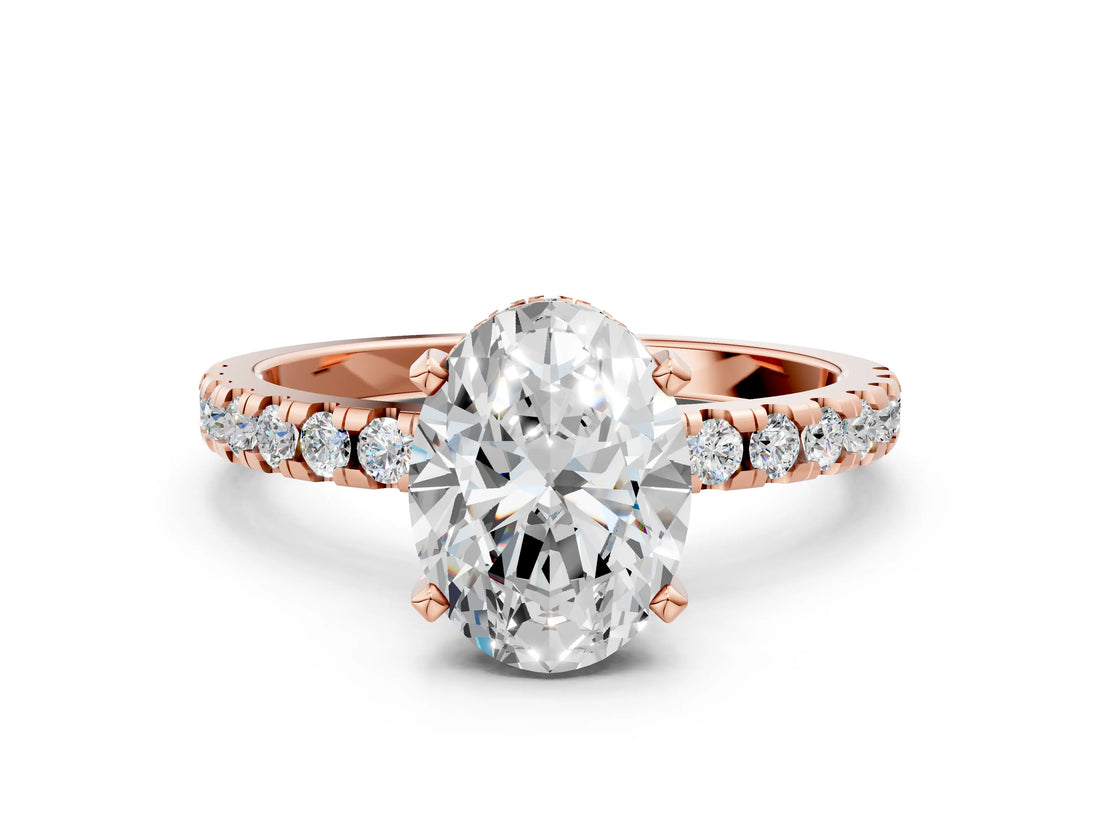 Rose gold Oval Cut Diamond Solitaire Ring with Round with Moissanite side stone Pavé Band and Four-Prong Setting_36