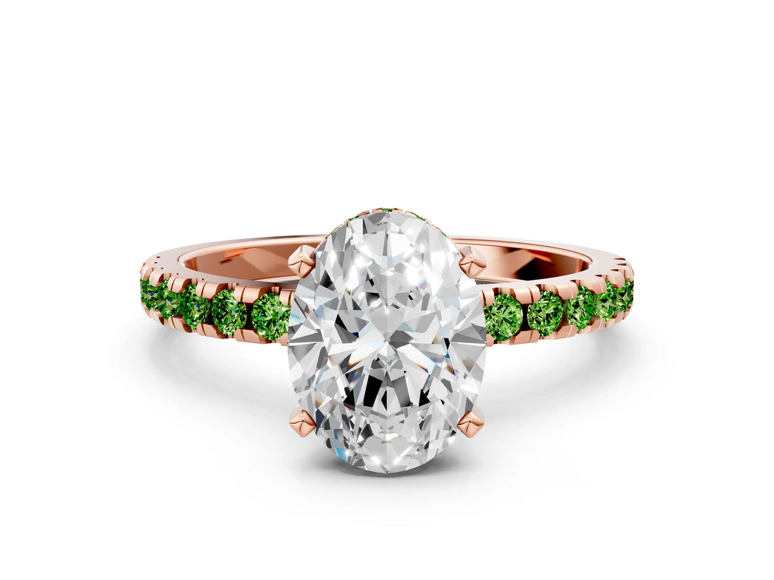 Rose gold Oval Cut Diamond Solitaire Ring with Round with Peridot side stone Pavé Band and Four-Prong Setting_36