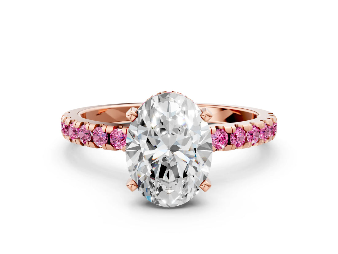 Rose gold Oval Cut Diamond Solitaire Ring with Round with Pink Sapphire side stone Pavé Band and Four-Prong Setting_36