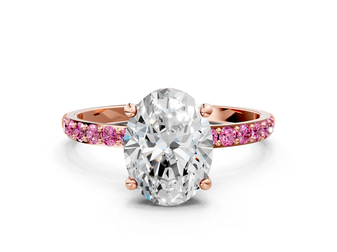 Rose gold Oval Cut Diamond Solitaire Ring with Round with Pink Sapphire side stone Pavé Band and Prong Setting_12