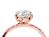 Rose gold Oval Cut Diamond Solitaire Ring with Round with Pink Sapphire side stone Pavé Band and Prong Setting_16