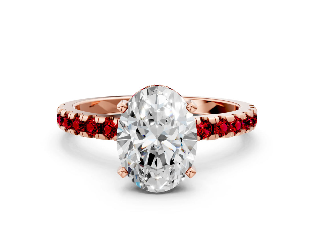 Rose gold Oval Cut Diamond Solitaire Ring with Round with Ruby side stone Pavé Band and Four-Prong Setting_36