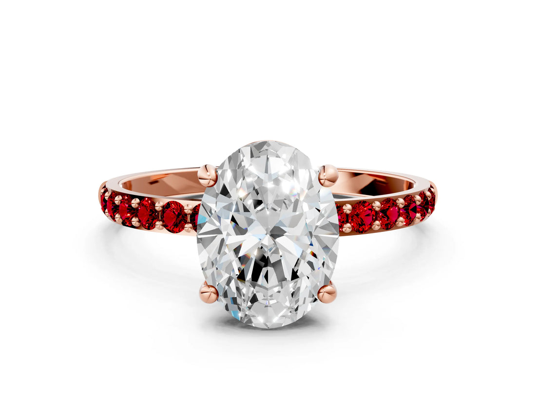 Rose gold Oval Cut Diamond Solitaire Ring with Round with Ruby side stone Pavé Band and Prong Setting_36