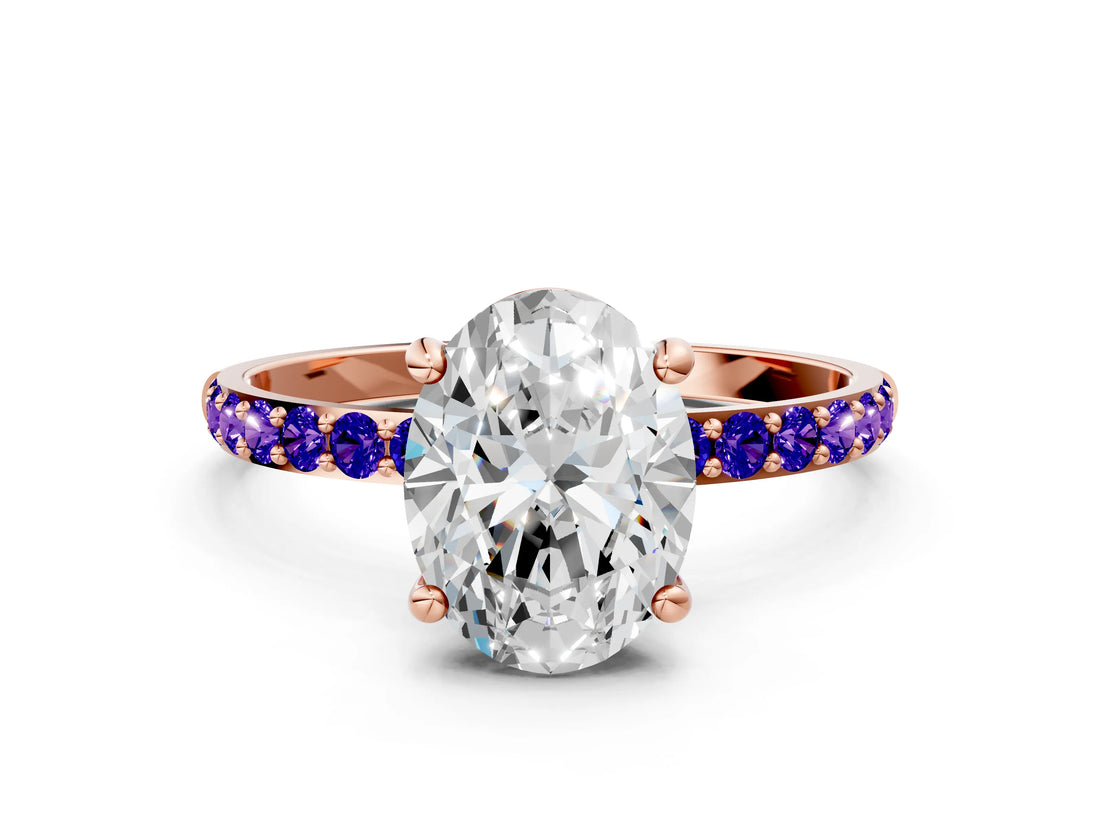 Rose gold Oval Cut Diamond Solitaire Ring with Round with Tanzanite side stone Pavé Band and Prong Setting_12