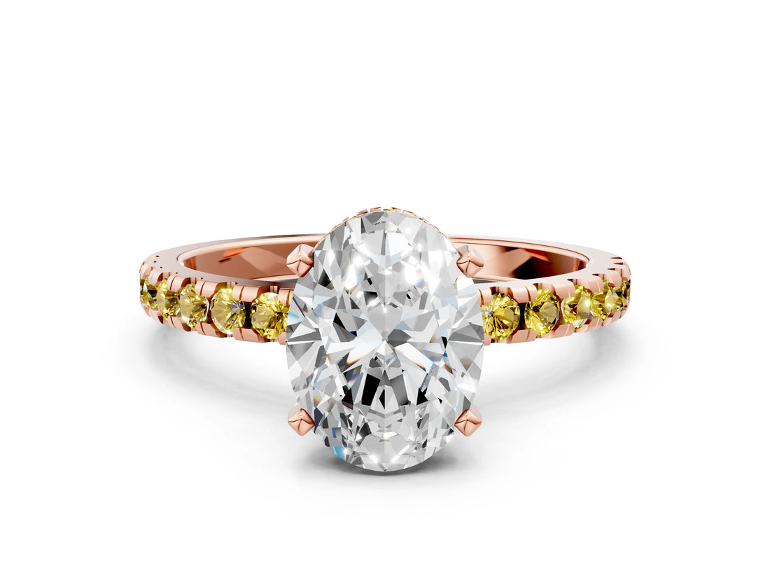 Rose gold Oval Cut Diamond Solitaire Ring with Round with Yellow Sapphire side stone Pavé Band and Four-Prong Setting_36