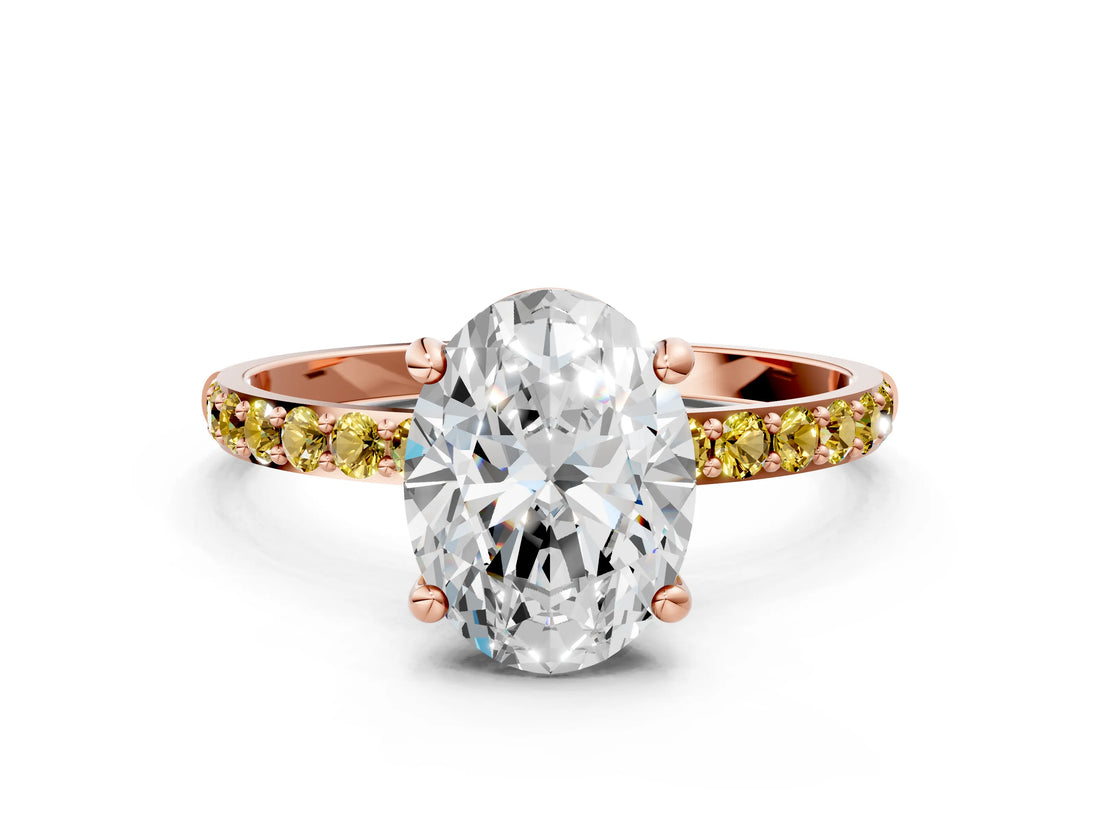 Rose gold Oval Cut Diamond Solitaire Ring with Round with Yellow Sapphire side stone Pavé Band and Prong Setting_24
