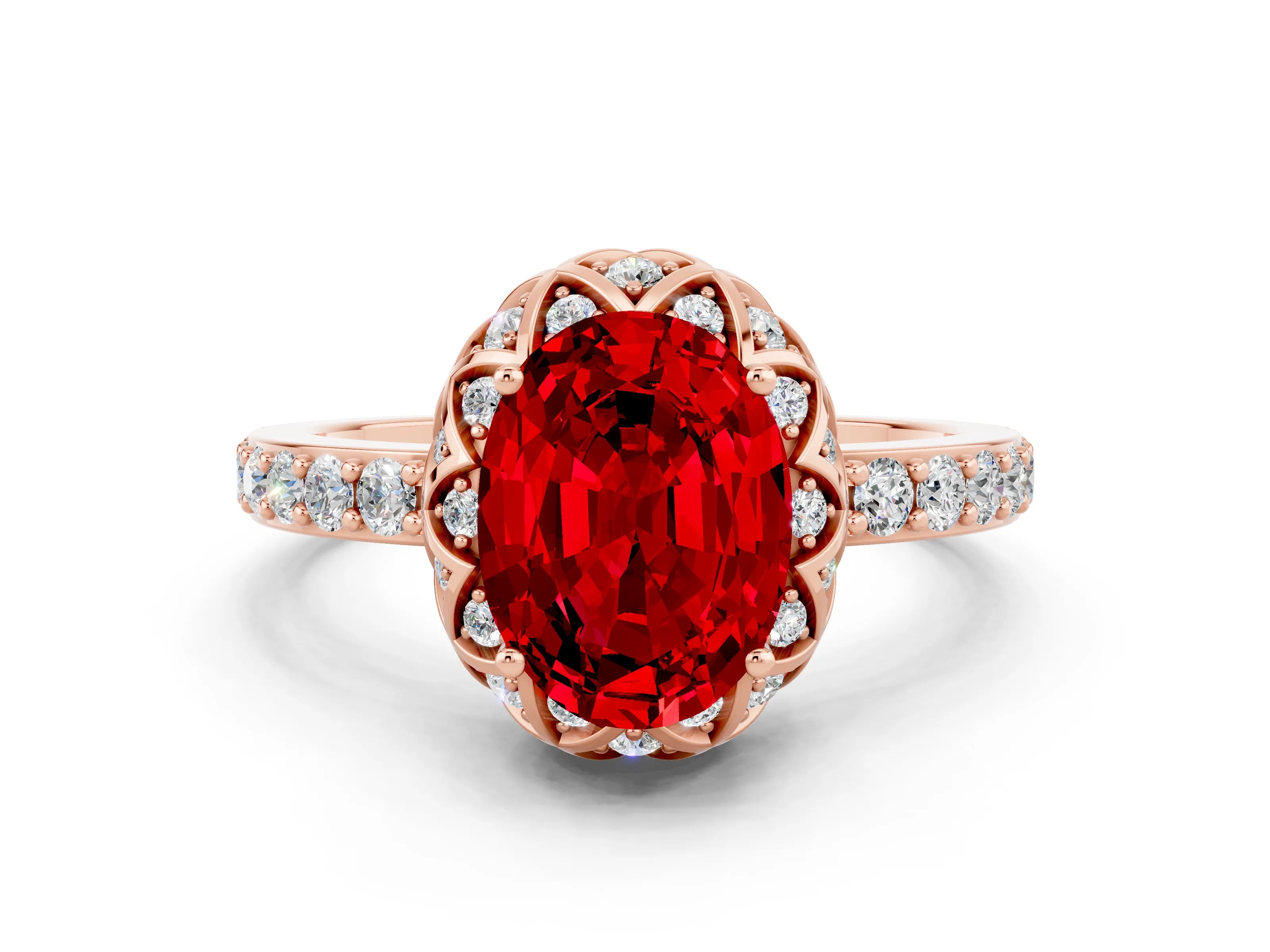 Rose gold Oval Cut Diamond Solitaire Ring with Shared Prong Pavé Band